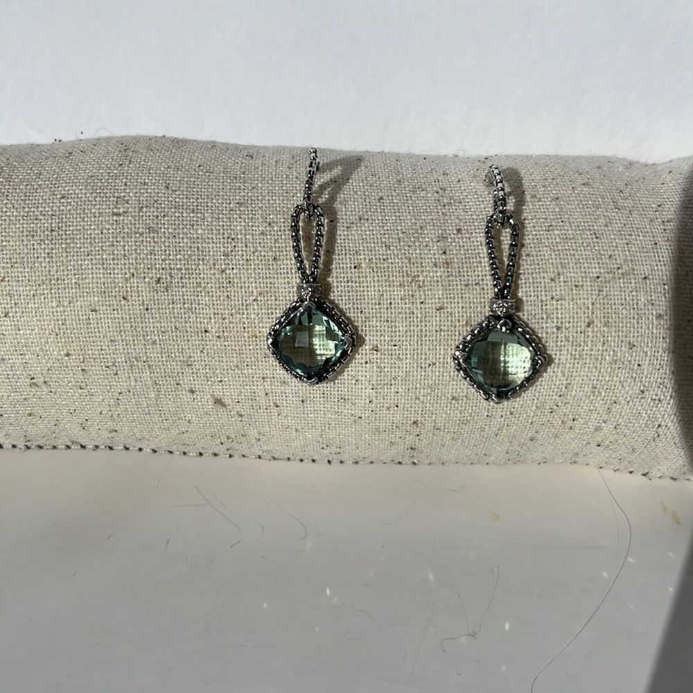 David Yurman Prasiolite Cushion, Pave Diamonds, Sterling hanging post  earrings